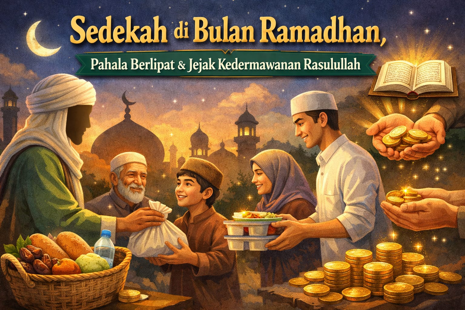  Ilustrasi Berbagi : Umat Islam saling berbagi makanan dan sedekah kepada sesama saat bulan suci Ramadhan.