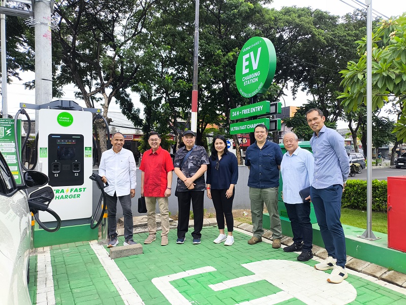 KIKA: Sutoto Yakobus, Hardie Haryono, Utomo Darmawan, Febiaty, Anthony Utomo, Wahono Handoko, dan Lauw Hendra saat peresmian fasilitas EV Charging Station di kawasan Mix Used, CitraLand Vittorio.