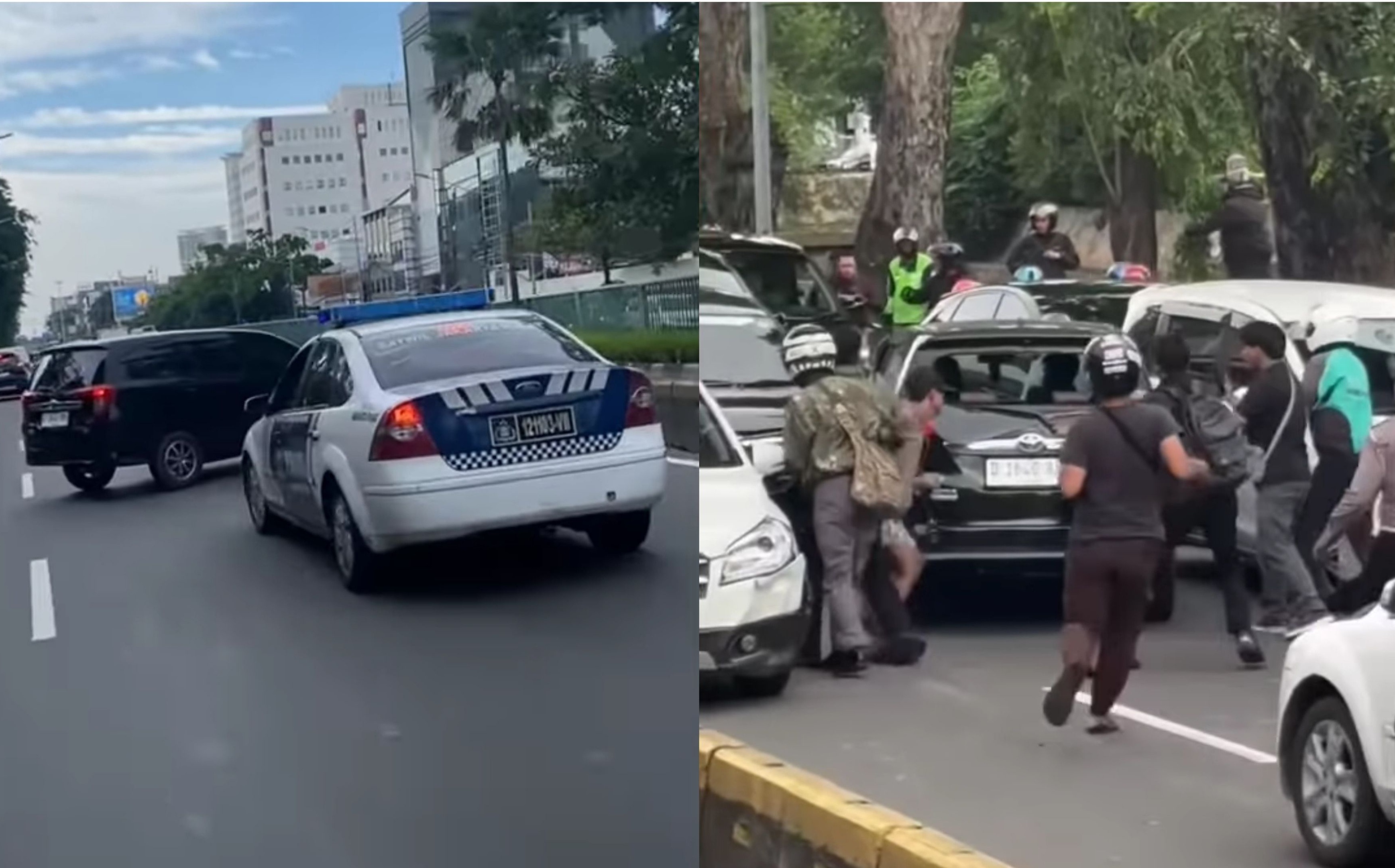 Mobil hitam yang melawan arus di Jalan Gunung Sahari, Jakarta Pusat, menabrak sejumlah kendaraan meski sudah dihentikan mobil polisi.