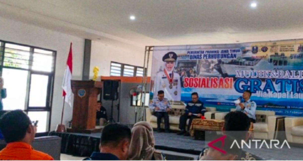 Sosialisasi angkutan laut mudik dan balik gratis Lebaran 2026 di Aula Pelabuhan Jangkar, Situbondo, Jawa Timur. Kamis (26/2/2026)