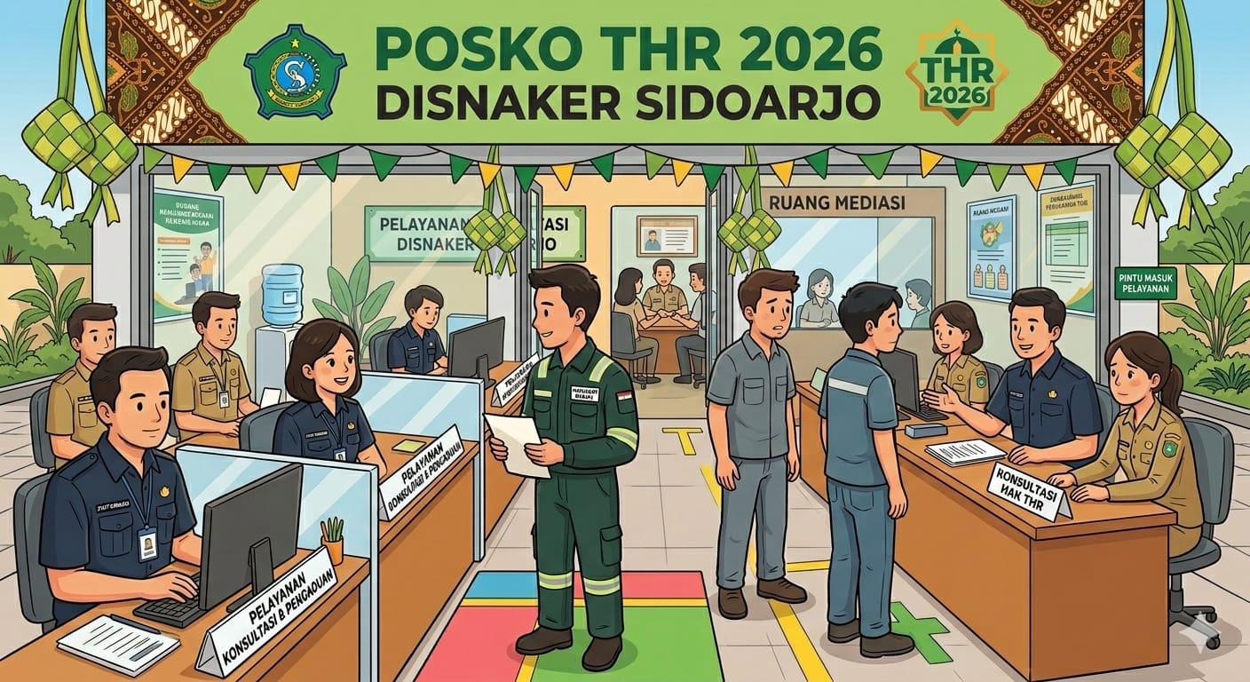 Ilustrasi Posko THR Disnaker Sidoarjo. (AI/RADAR SURABAYA) 