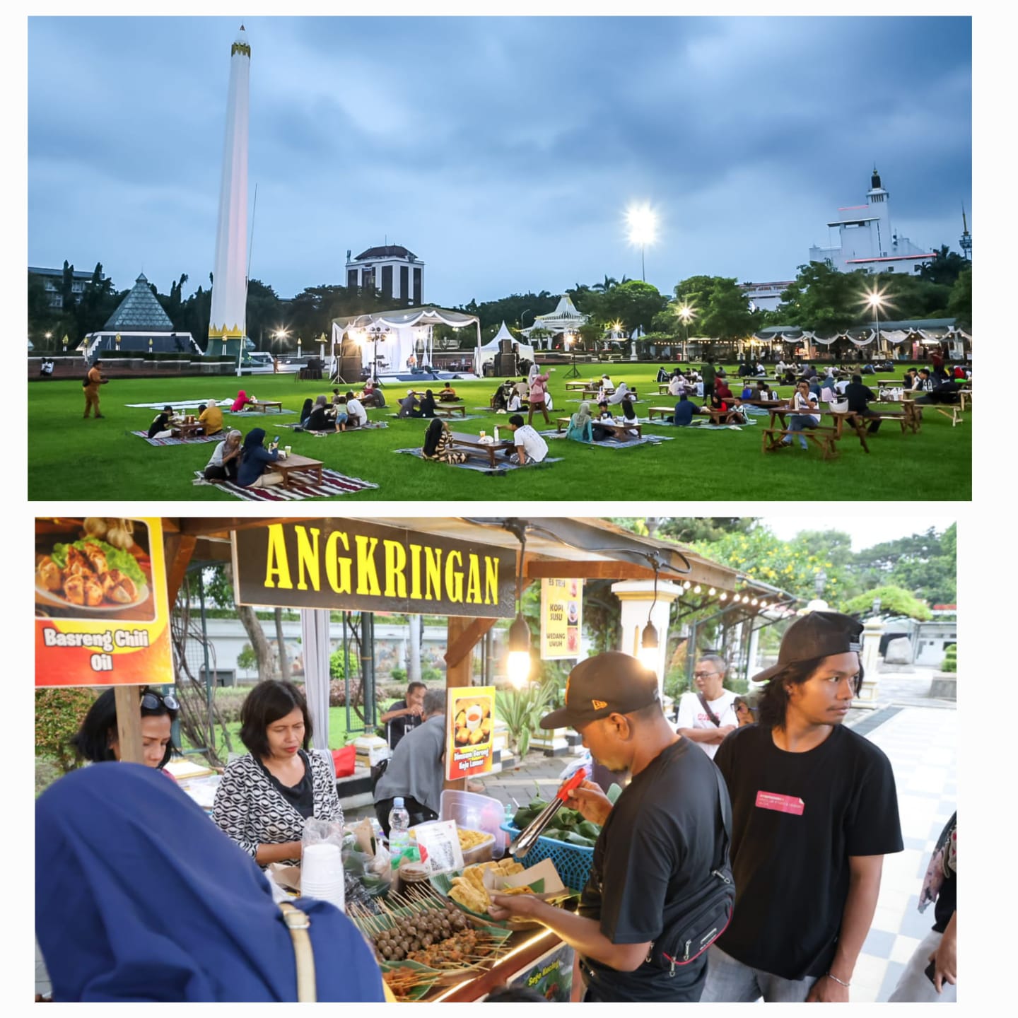 SYAHDU: Masyarakat menikmati suasana Tugu Pahlawan, Surabaya, saat acara Ngabuburit Ramadan. UMKM menjajahkan makanannya di lokasi untuk pengunjung.(IST/RADAR SURABAYA)