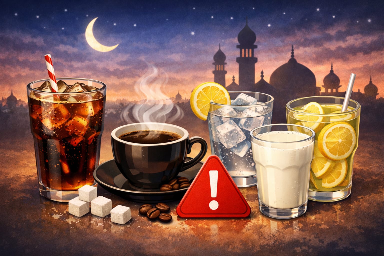 Waspada puasa: hindari soda, kopi, lemon, es, dan susu saat berbuka.