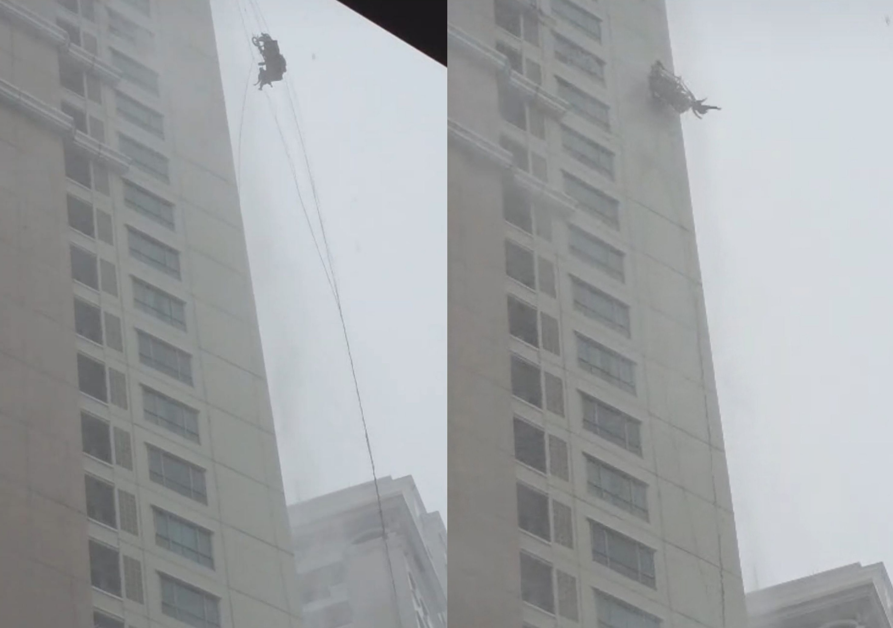 Seorang pembersih kaca tersapu angin dan bergelantungan di salah satu apartemen kawasan Surabaya Barat saat hujan deras menerjang Kota Pahlawan, Senin (2/2) sore.
