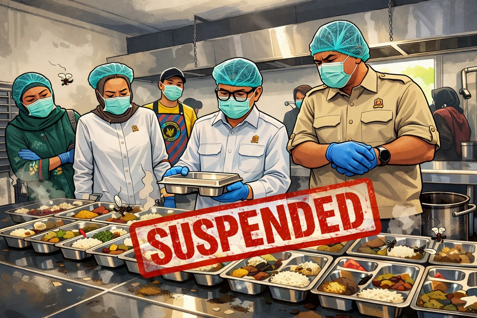MELANGGAR: BGN melakukan suspend 17 SPPG di Jatim karena terbukti memberi menu MBG tak sesuai standar saat Ramadan.(ILUSTRASI AI/ABDUL ROZAK/RADAR SURABAYA)
