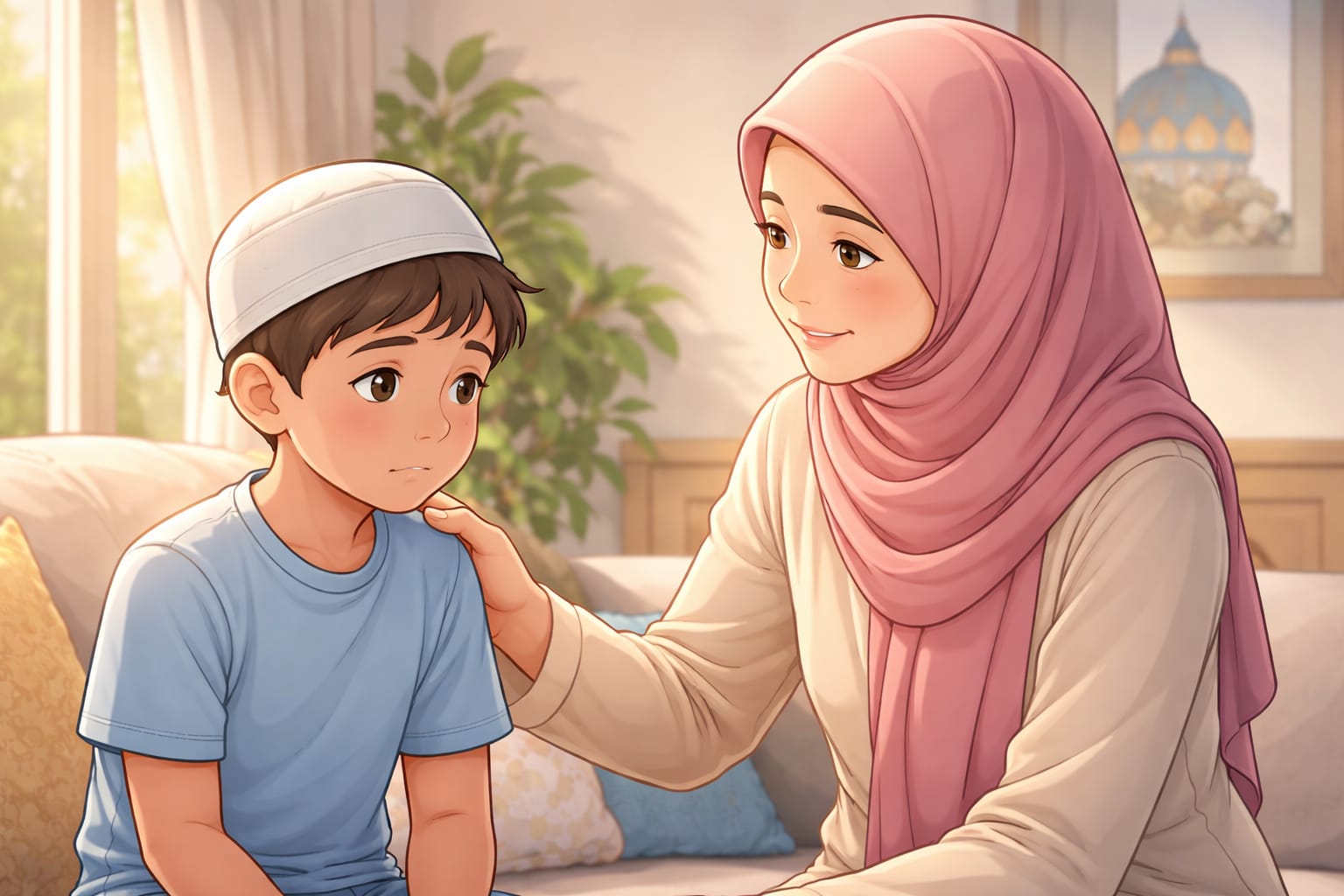 Orang tua menenangkan anak yang mengeluh, membangun regulasi emosi saat belajar berpuasa.