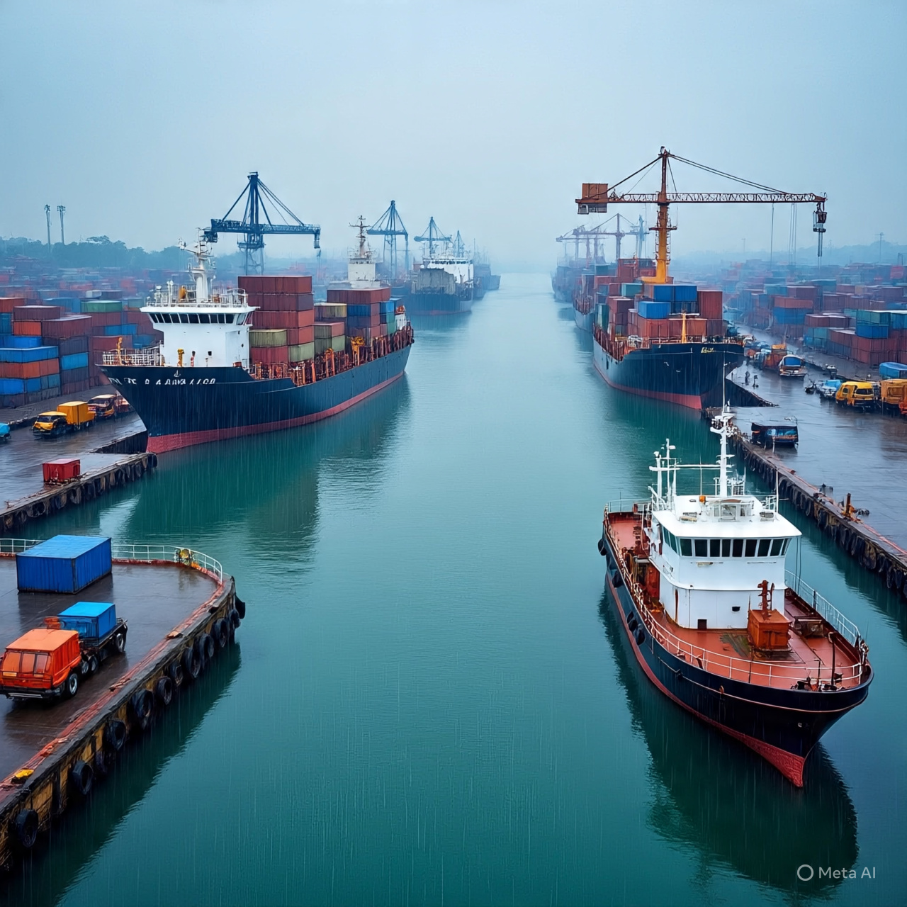 Ilustrasi hujan di kawasan pelabuhan. (META AI)