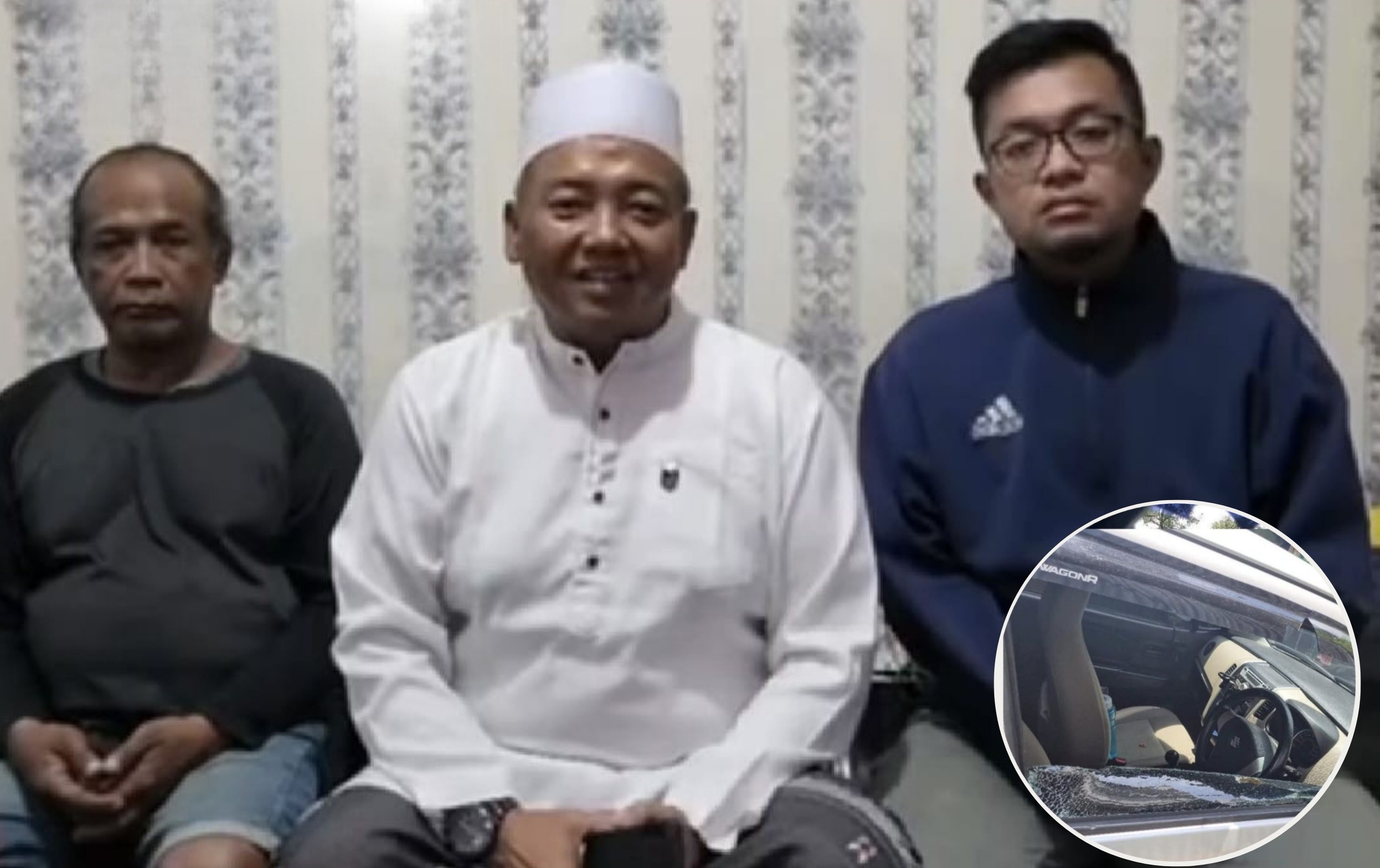  DIAMANKAN : Pelaku HM (kiri) dan korban C (kanan) bertemu di Mapolsek Sawahan, Rabu malam (4/3). Mobil korban yang pecah kacanya (inset).