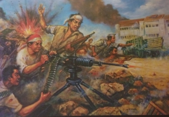 SEMANGAT: Sebuah lukisan karya M. Sochieb sebagai pelaku sejarah Pertempuran 10 November. Saat itu usianya masih 14 tahun.  