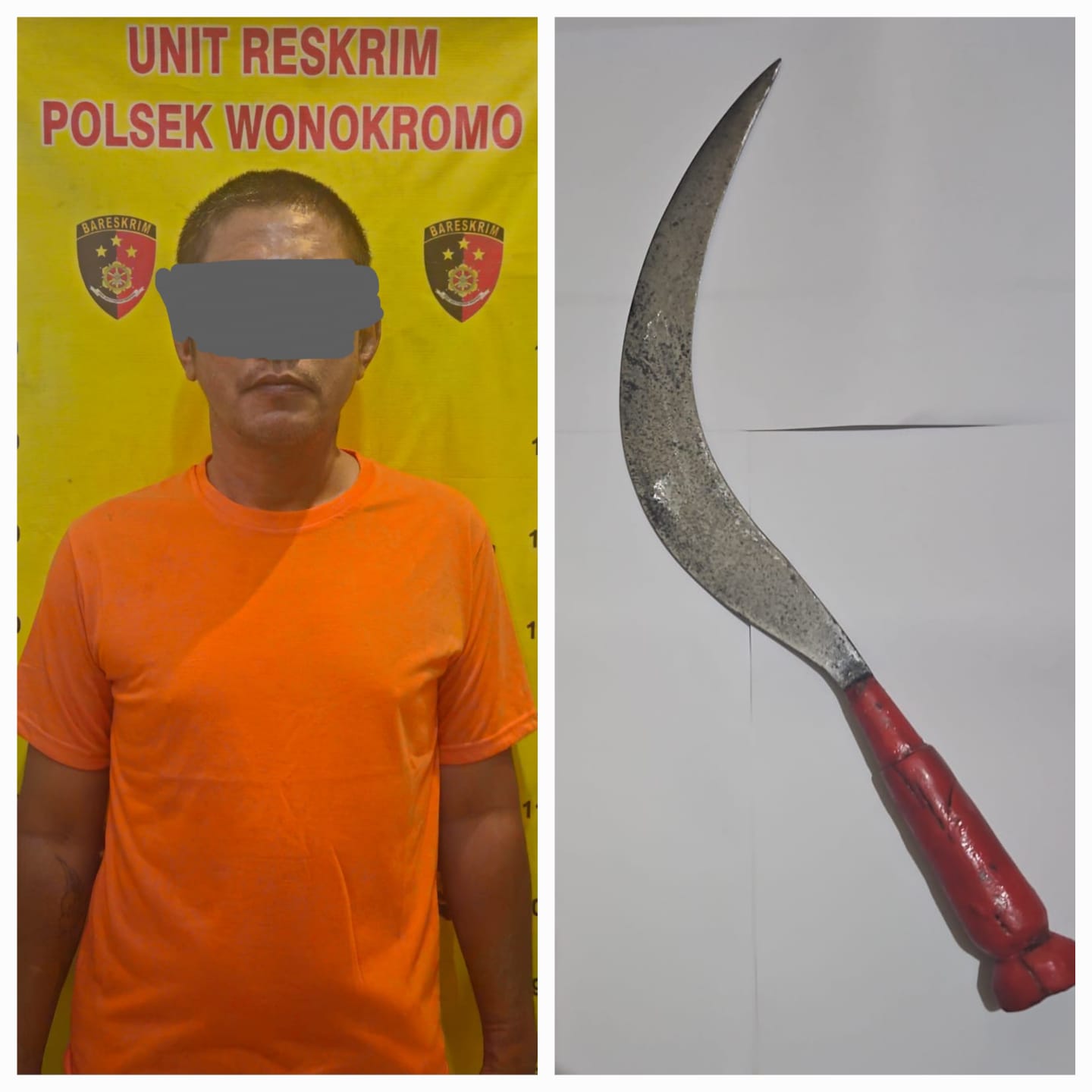 TEGA: Tersangka RP diamankan Polsek Wonokromo. Tukang ojek pangkalan ini membacok temannya sendiri di Jalan Ahmad Yani, Surabaya. (IST/RADAR SURABAYA)