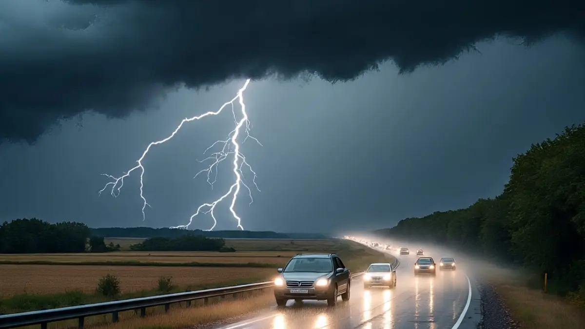 Ilustrasi hujan di jalan raya. (AI)