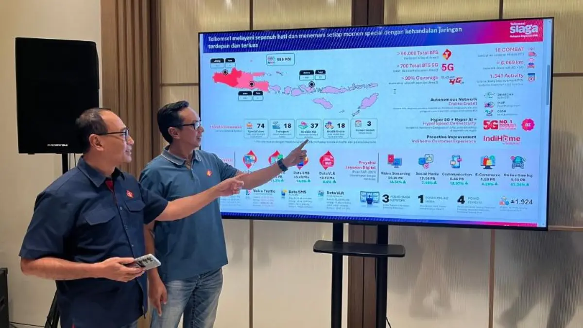 MEDIA UPDATE: Vice President Area Network Operations Jawa Bali Telkomsel, Nugroho Adi Wibowo (kanan) bersama dengan Vice President Consumer Business Area Jawa Bali Telkomsel Suryo Hadiyanto saat media update kesiapan RAFI 2026 Area Jawa Bali. (NURUL AFIAH)
&nbsp;