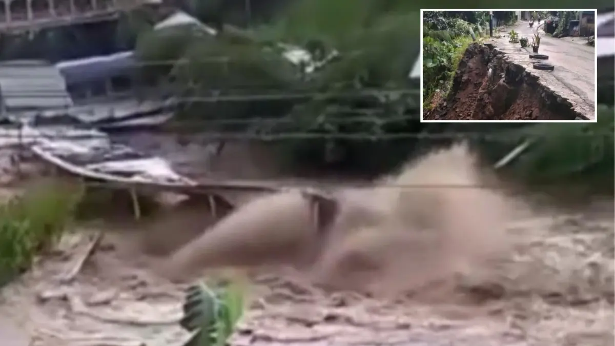 Hujan deras mengakibatkan banjir yang membawa material dari perbukitan di kawasan Prigen. Tak hanya itu, dampak banjir juga mengakibatkan longsor di beberapa lokasi (inset). (ISTIMEWA)