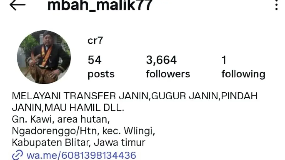 Akun Instagram @mbah_malik77 diduga menawarkan jasa aborsi. (Instagram/@mbah_malik77)