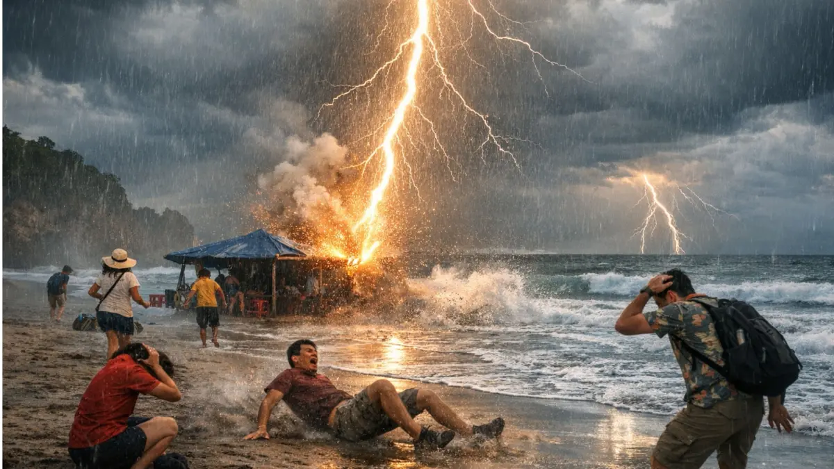 Ilustrasi sambaran petir di pantai. (RADAR SURABAYA)