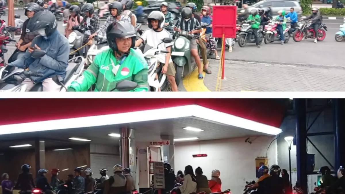 BERBARIS: Nampak salah satu antrean pengendara di SPBU kawasan Surabaya, Selasa (31/3) malam. Terkait isu harga BBM naik.(IST/RADAR SURABAYA)