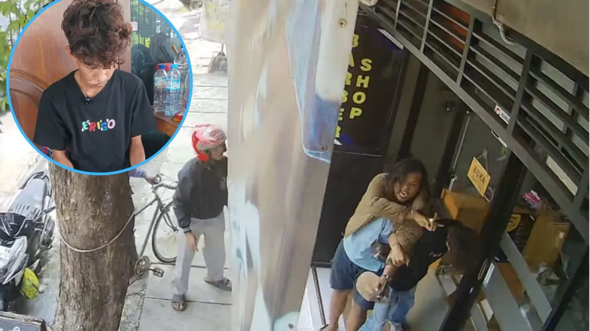 TEREKAM CCTV: Seorang tukang cukur dianiaya pria tak dikenal di tempat kerjanya kawasan Lidah Kulon, Lakarsantri Surabaya, Senin (30/3), korban penganiayaan Isbat U (inset). (ISTIMEWA)