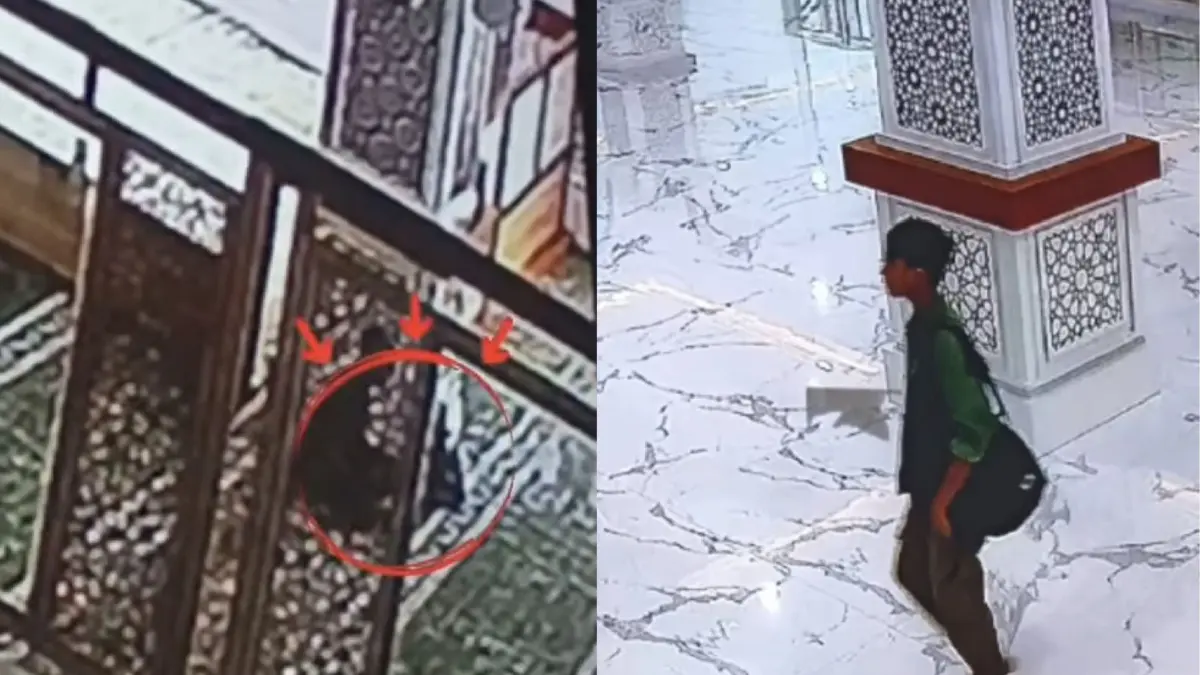 SANTAI: Seorang pria terekam CCTV berjalan santai usai mencuri tas ransel milik mahasiswa M Dzaky di masjid kampus Jalan Airlangga Selatan Gubeng, Surabaya. (ISTIMEWA)