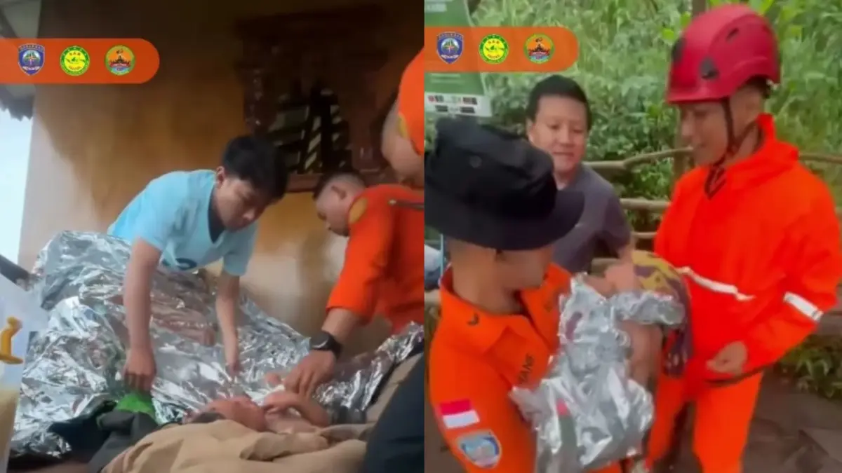 Tim SAR dari Kantor Pencarian dan Pertolongan Kelas A Semarang memberikan pertolongan kepada balita 1,3 tahun yang hipotermia di jalur pendakian Gunung Ungaran, Jawa Tengah. (Basarnas Semarang)
