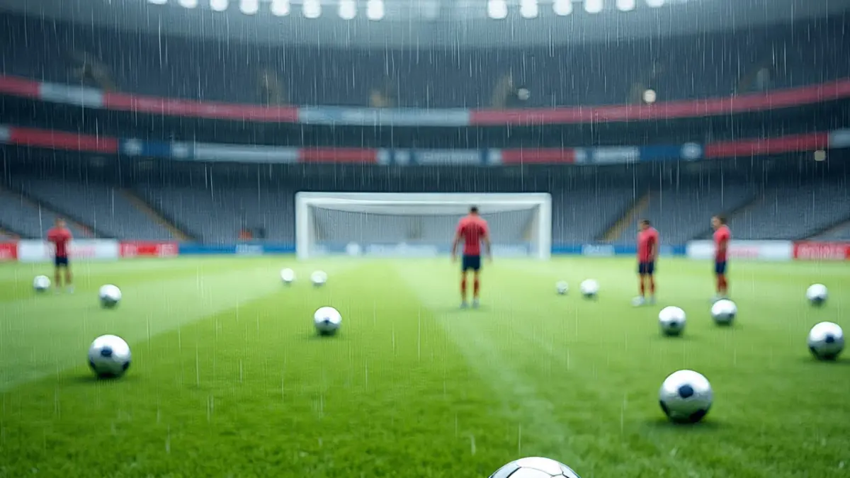 Ilustrasi hujan ringan di lapangan sepak bola. (AI)
