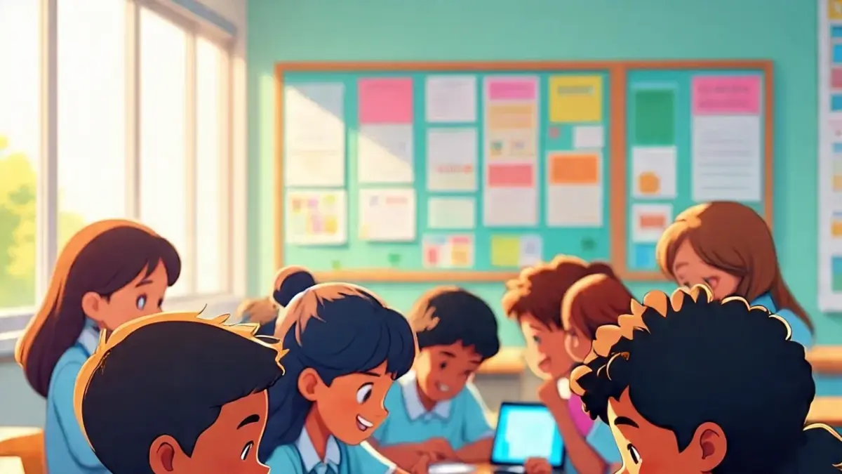 Ilustrasi pembelajaran dengan gawai di sekolah. Jawa Timur mulai membatasi. (AI)