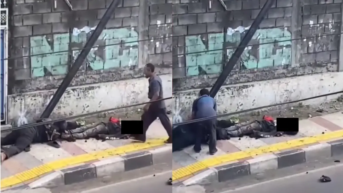 Dua pekerja tampak tergeletak di Jalan Grand Hotel, Lembang, Bandung Barat usai tersengat listrik. (Instagram/@indonesia__today)