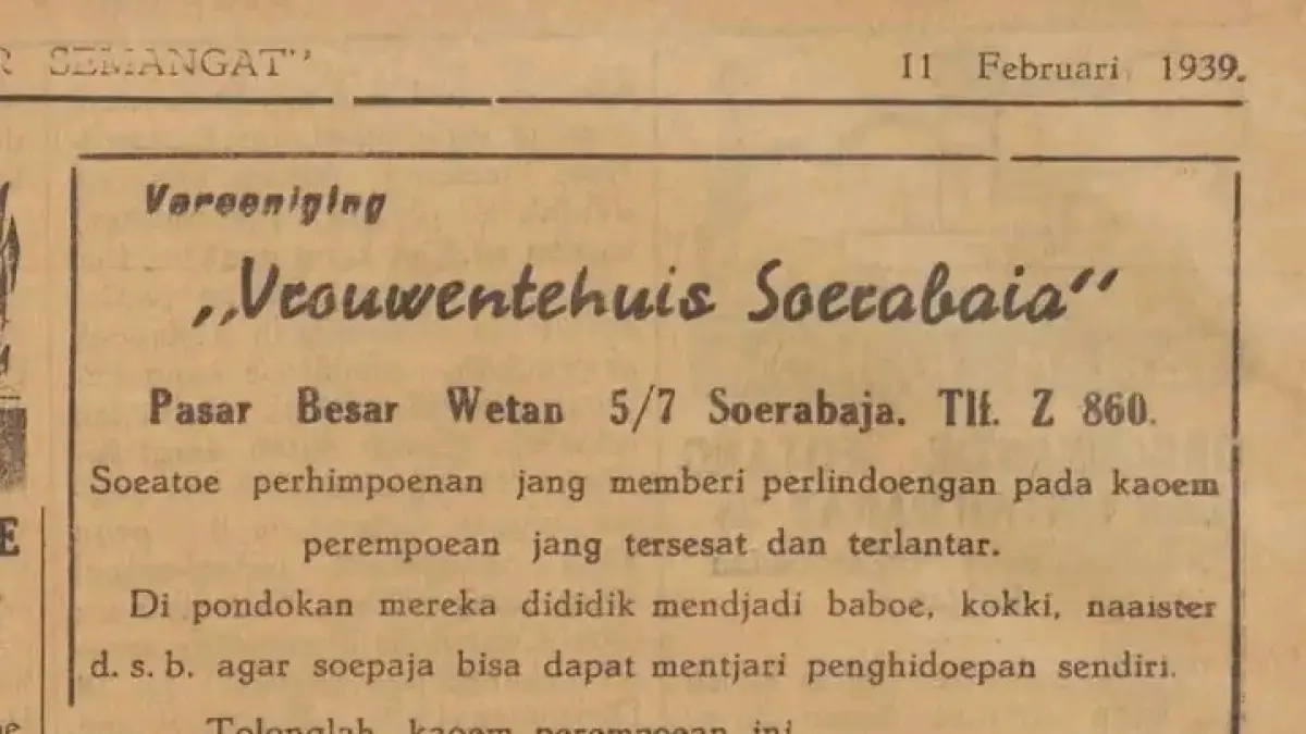 Iklan yayasan sosial Vrouwentehuis Soerabaia pada tahun 1929. (*)