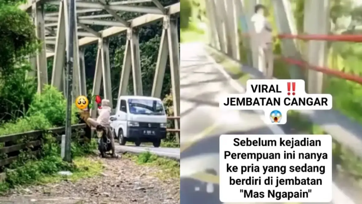 Pemuda yang mayatnya ditemukan di bawah jembatan Cangar, terlihat saat duduk-duduk di atas motor dan di pinggir jembatan, video direkam oleh pengguna jalan yang lewat. (Instagram)