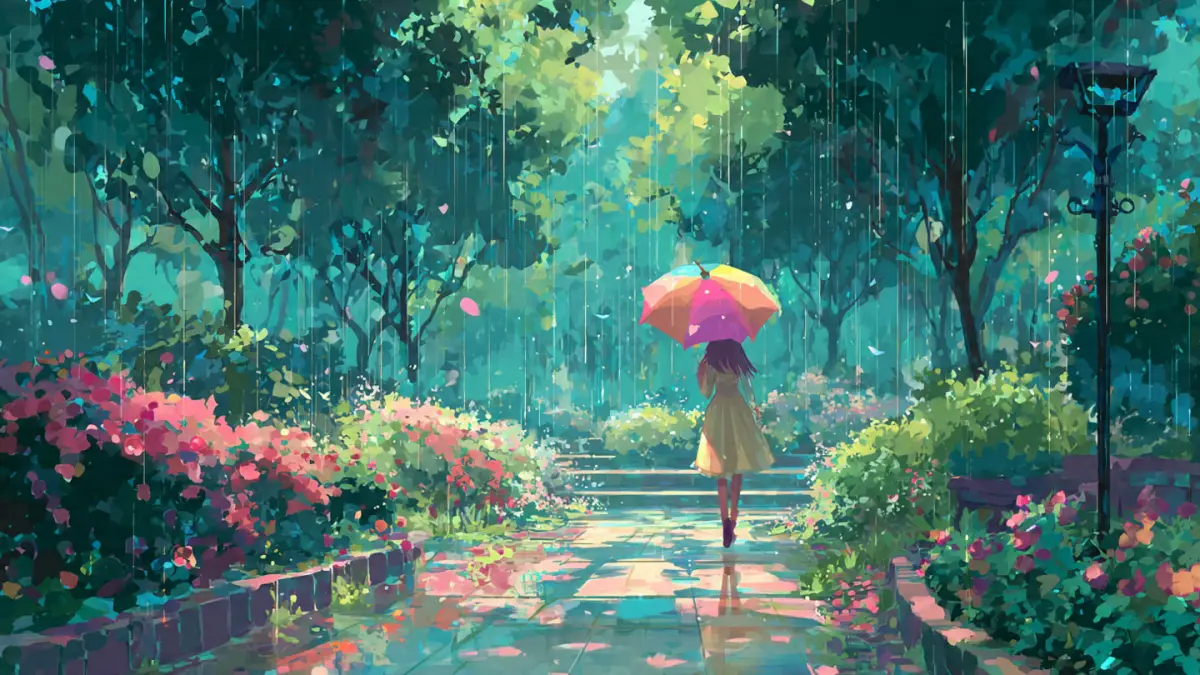 Ilustrasi hujan ringan di taman kota. (AI)