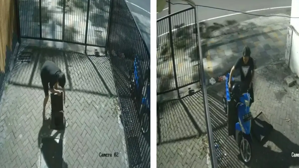 BERAKSI: Aksi tersangka saat mencuri penutup tandon dan meteran air di kantor ekspedisi, Jalan Perak Timur, Surabaya. (IST/RADAR SURABAYA)