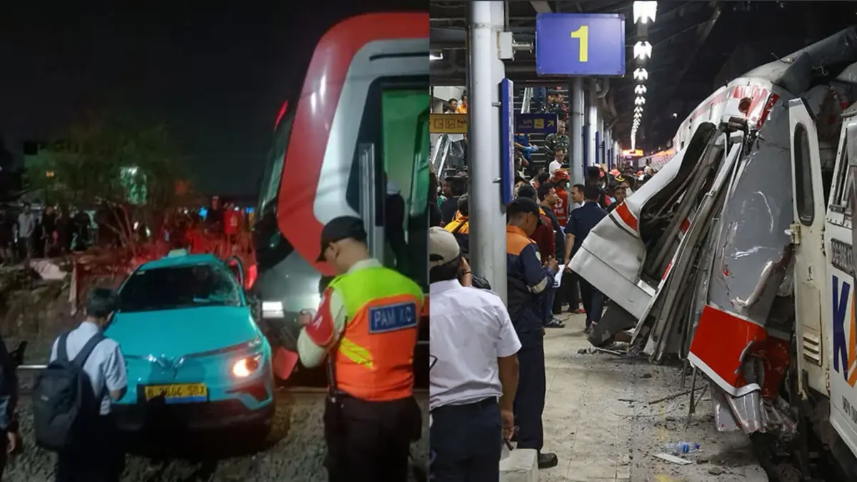 KRL yang menabrak taksi listrik yang mati mesin sebelum akhirnya ditabrak KA Argo Bromo Anggrek di Stasiun Bekasi Timur. (Istimewa)
