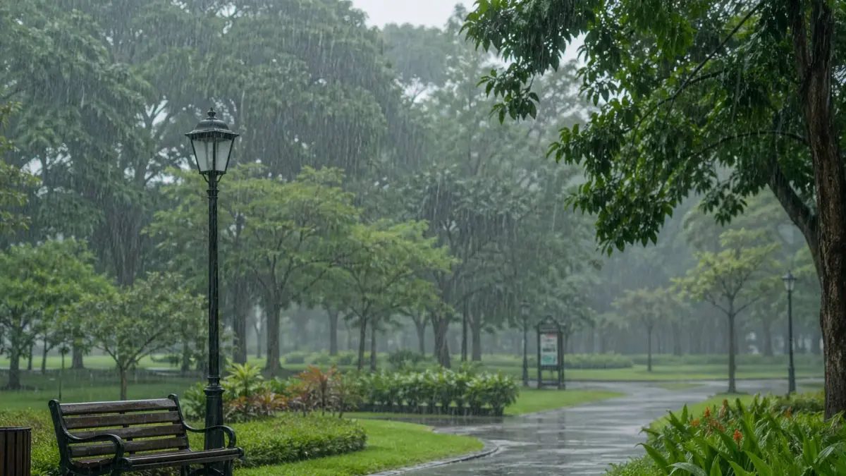 Ilustrasi hujan ringan di taman. (AI)