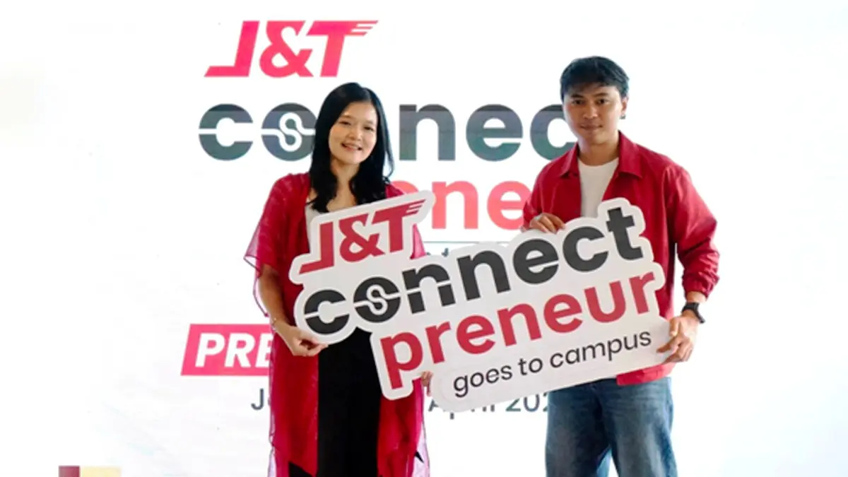 PELAYANAN: Herline Septia, Brand Manager J&T Express (kiri) dan Rizky Arief, CEO HMNS Perfume dalam acara Press Launching J&T Connect Preneur Goes to Campus yang diselenggarakan di kawasan Jakarta Selatan pada Selasa, 28 April 2026. 
