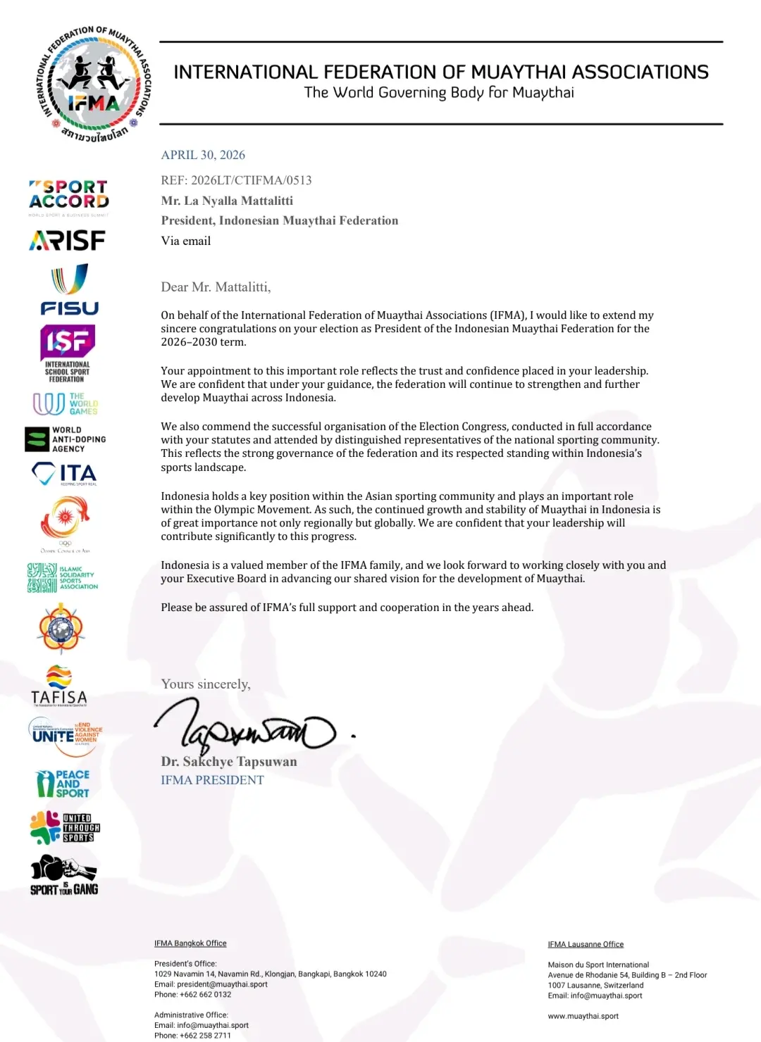 Surat IFMA untuk PB Muaythai Indonesia. 