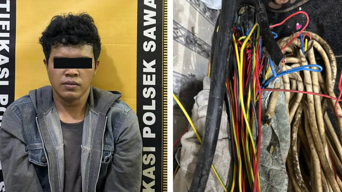 DIAMANKAN: Tersangka ASP ditangkap usai curi kabel di rumah kosong Jalan Kelud, Surabaya. Barang bukti kabel yang berhasil disita dari tersangka.(IST/RADAR SURABAYA)