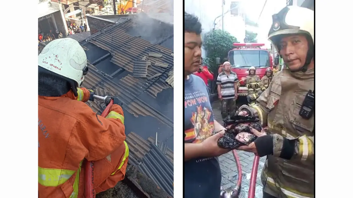TERBAKAR: Kebakaran rumah di Jalan Putat Gede, Surabaya, petugas temukan tumpukan uang ikut hangus. (IST/RADAR SURABAYA)