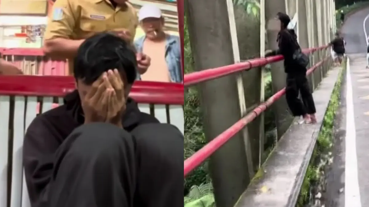 Seorang pemuda yang berdiri di dekat Jembatan cangar berhasil diselamatkan dan ditenangkan oleh para relawan. (Instagram/@adhy_creator)