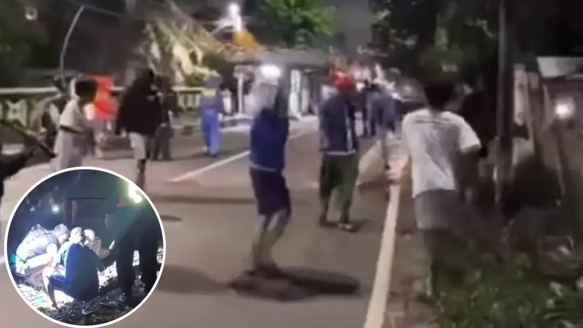 Aksi tawuran antar dua kelompok remaja di Cipinang, Jakarta Timur. Salah satu warga yang berusaha melerai meninggal tertemper KRL (inset). (Instagram)