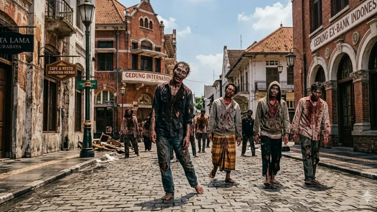 Ilustrasi pemeran zombie di kawasan Kota Lama Surabaya. (AI/RADAR SURABAYA)