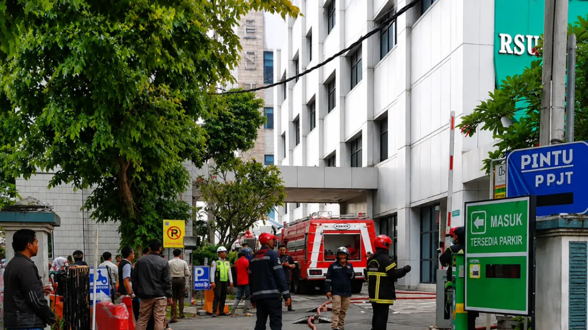 Dipadamkan : Kebakaran melanda lantai 5 dan 6 Gedung PPJT RSUD Dr. Soetomo Surabaya.