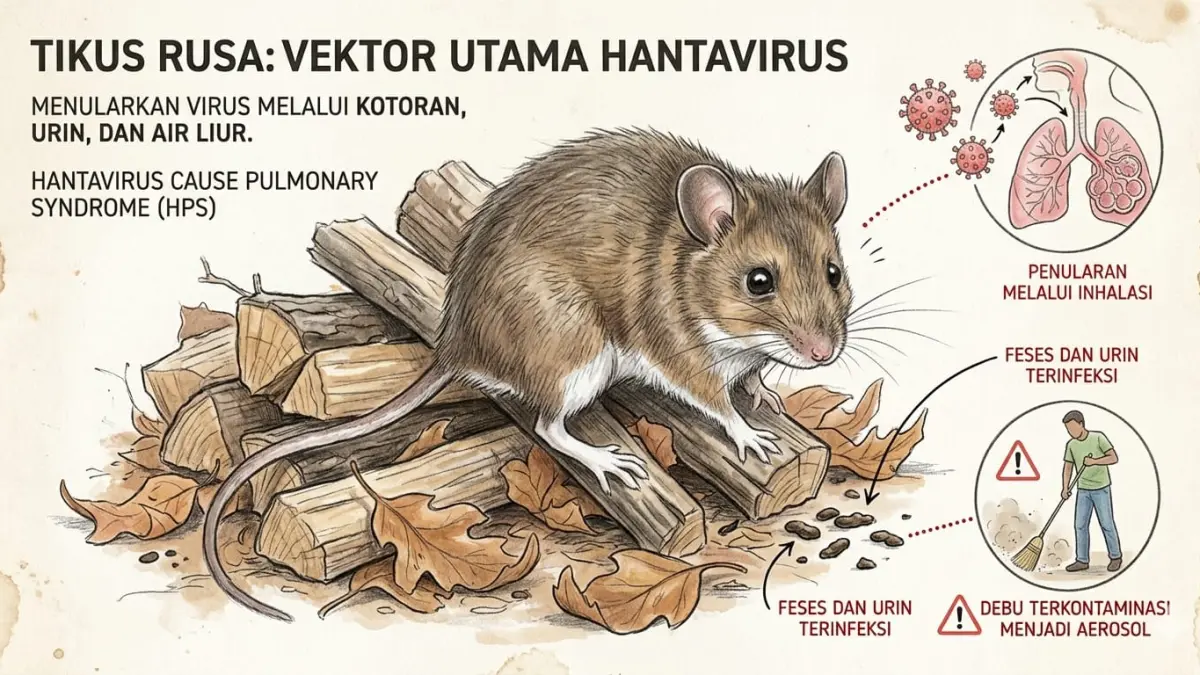 Ilustrasi penyebaran hantavirus lewat tikus. (AI/RADAR SURABAYA)