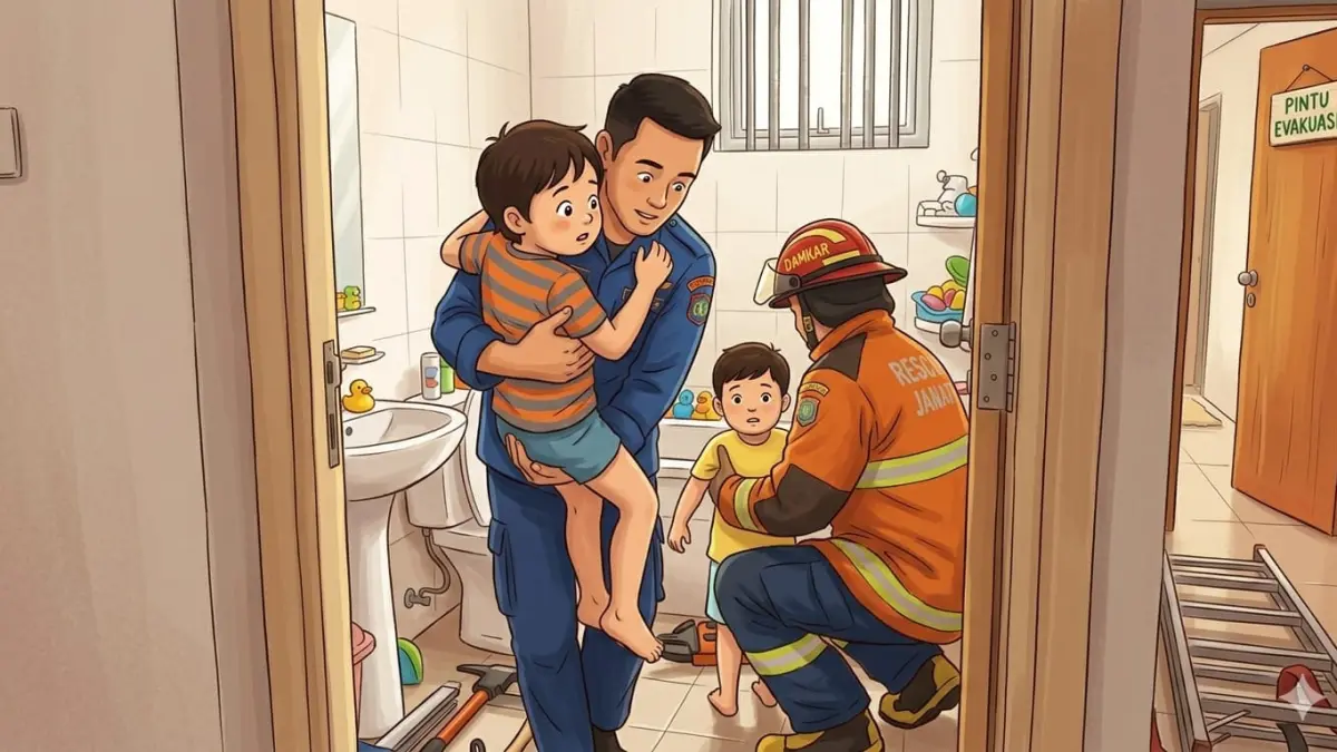 WASWAS: Ilustrasi gambar evakuasi dua balita dari dalam kamar mandi.