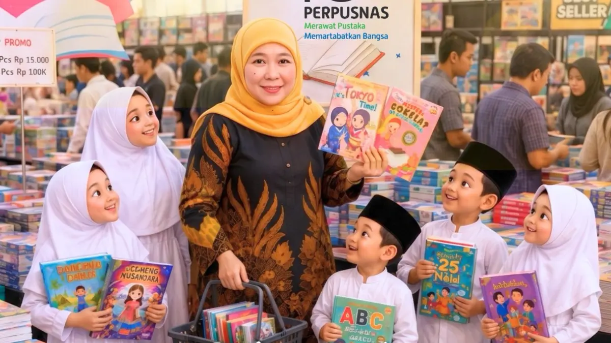 Di Hari Buku Nasional dan HUT ke-46 Perpustakaan Nasional Gubernur Jatim Khofifah Indar Parawansa mengajak masyarakat untuk meningkatkan literasi, Minggu (17/5). (HUMAS PEMPROV JATIM)