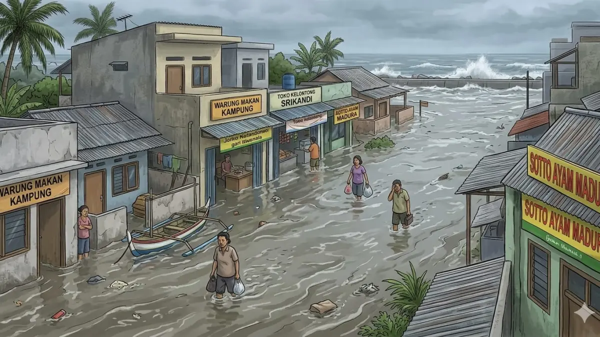 Ilustrasi banjir rob di kawasan pesisir Surabaya. (AI/RADAR SURABAYA)
