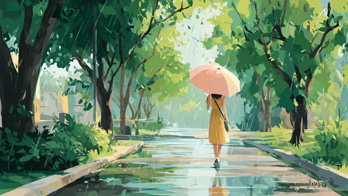 Ilustrasi hujan ringan di taman kota. (AI)
