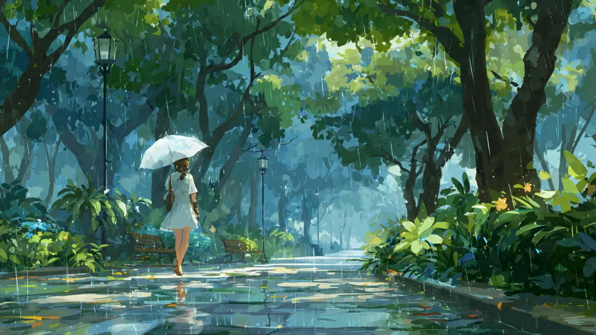 Ilustrasi hujan ringan di kawasan taman. (AI)