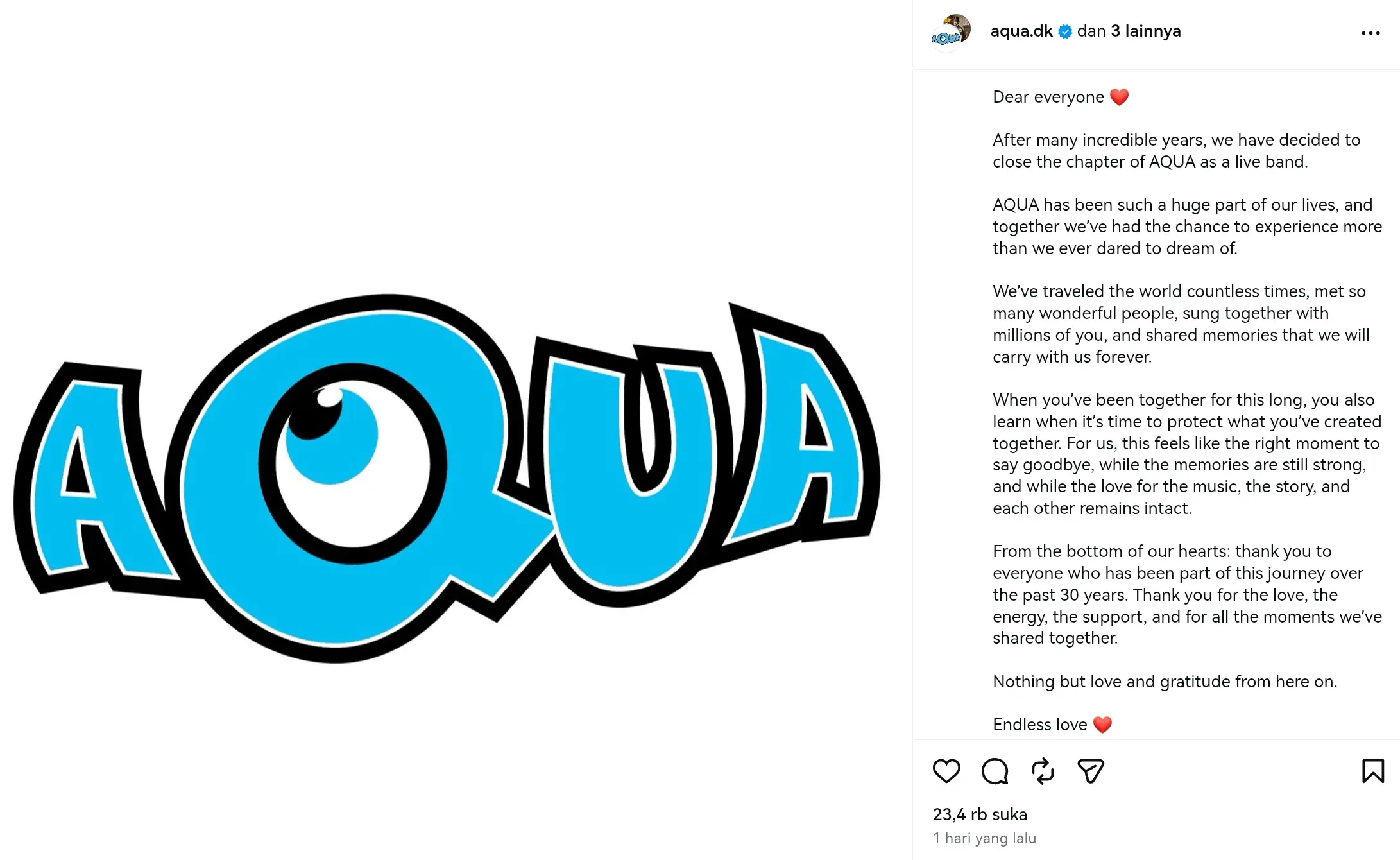 Unggahan di akun Instagram resmi Aqua yang mengumumkan pembubaran grup musik fenomenal tersebut. (Instagram/@Aqua.dk)