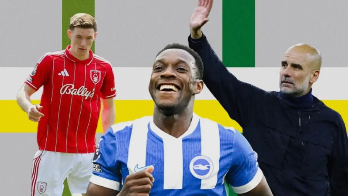Elliot Anderson (kiri), Danny Welbeck, dan Pep Guardiola akan menemukan momen magis di laga terakhir Liga Inggris. (The Guardian) 