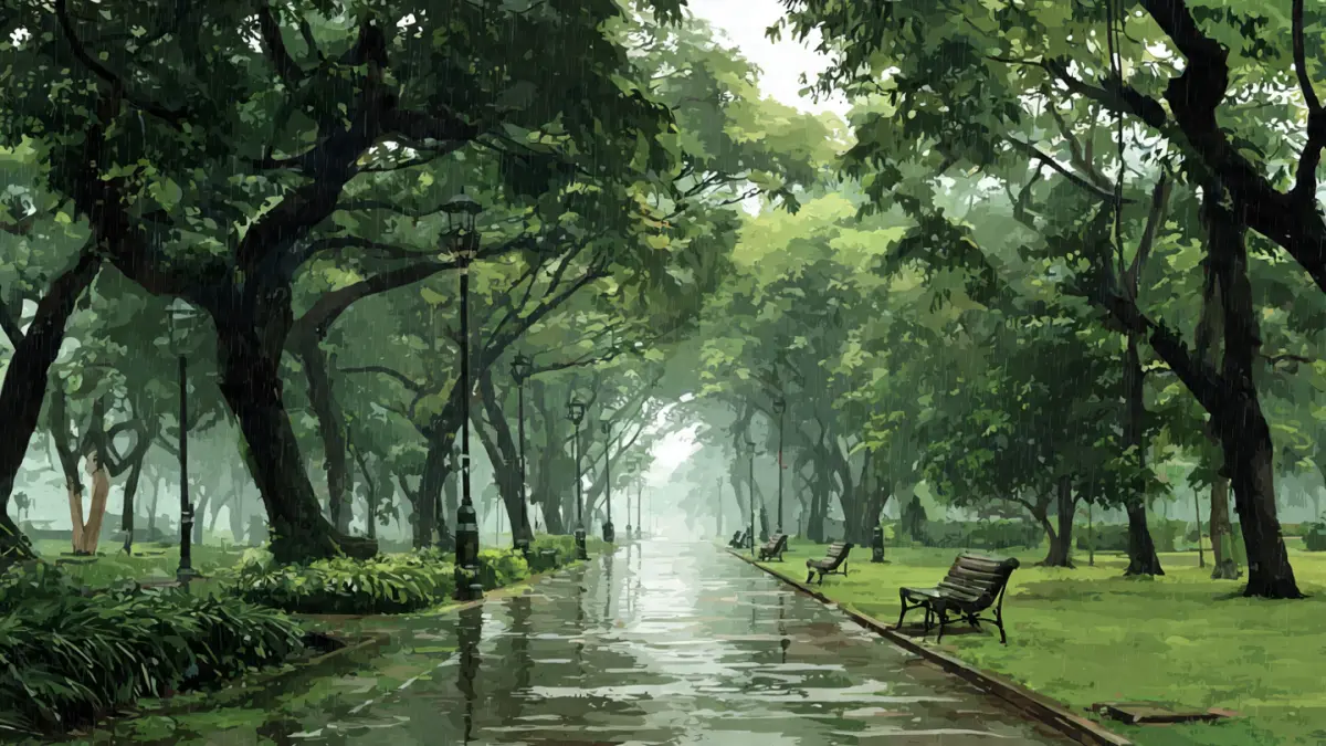 Ilustrasi hujan ringan di taman kota. (AI)