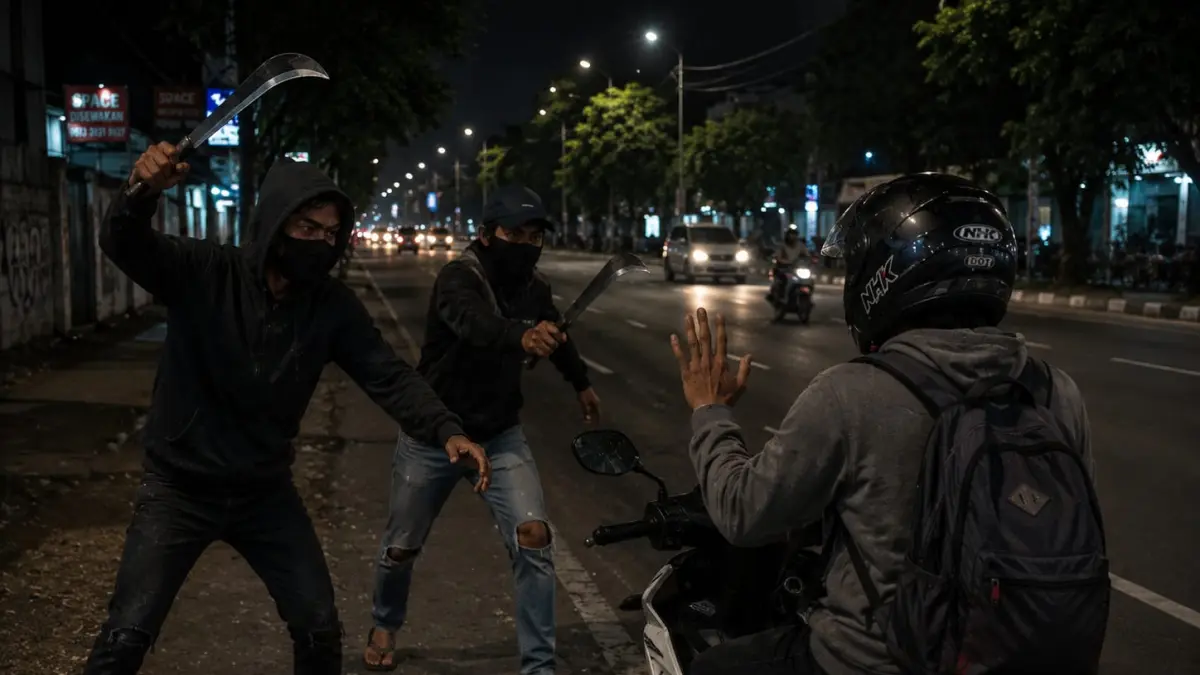 DIANIAYA: Pemuda asal Lamongan dibacok dua orang di Jalan Dinoyo, Surabaya. Mereka membacok punggung korban menggunakan celurit.(ILUSTRASI/AI/RADAR SURABAYA)